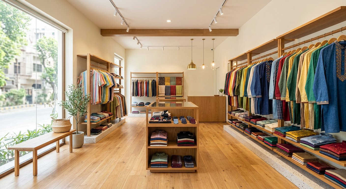 Inside Choice Fashion Studio — clothing racks at Priyangon Market, Sunamganj